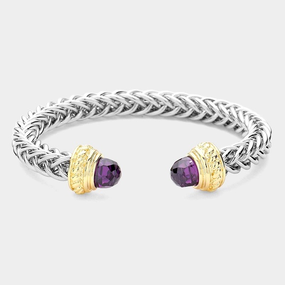 Braided Two Tone Chunky Cuff Bracelet with Amethyst Cabochons - Picture 2 of 2